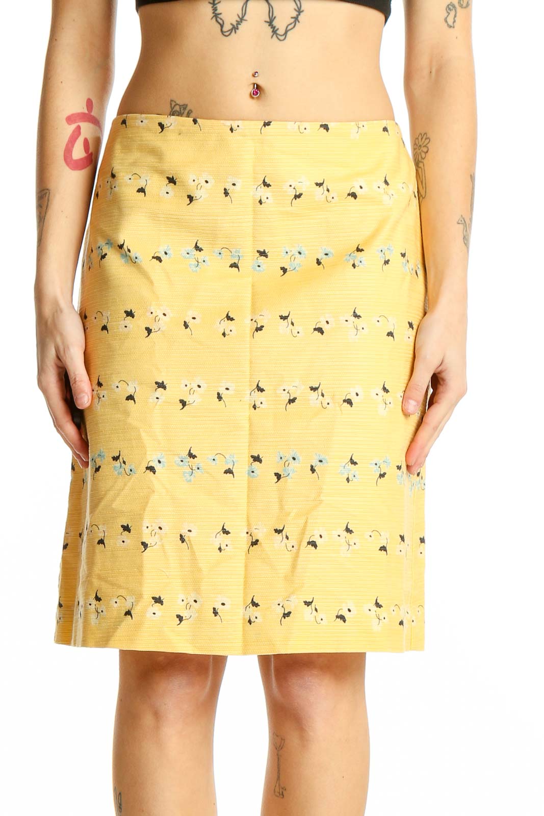 Yellow Floral Printed Pencil Skirt Front