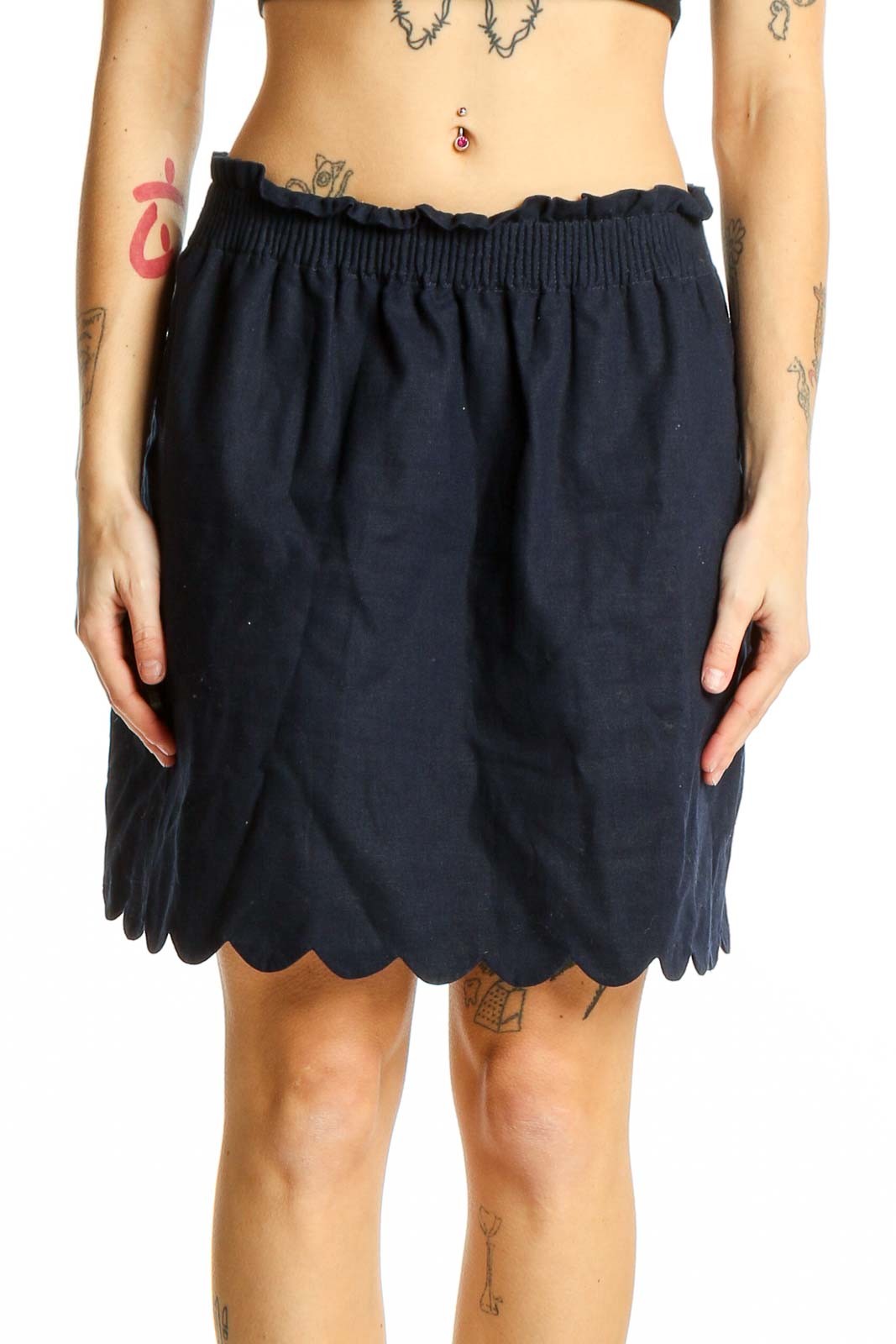 Navy Scalloped Hem Linen Blend Skirt Front