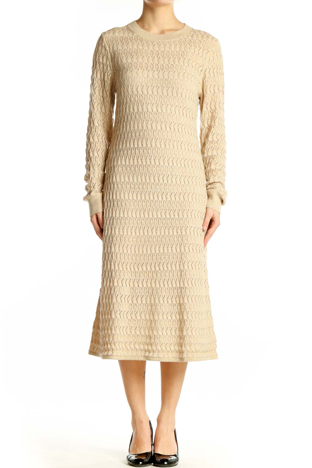Beige Textured Midi Sweater Dress Front