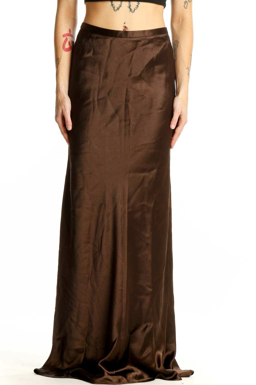 Brown Satin Maxi Skirt Front