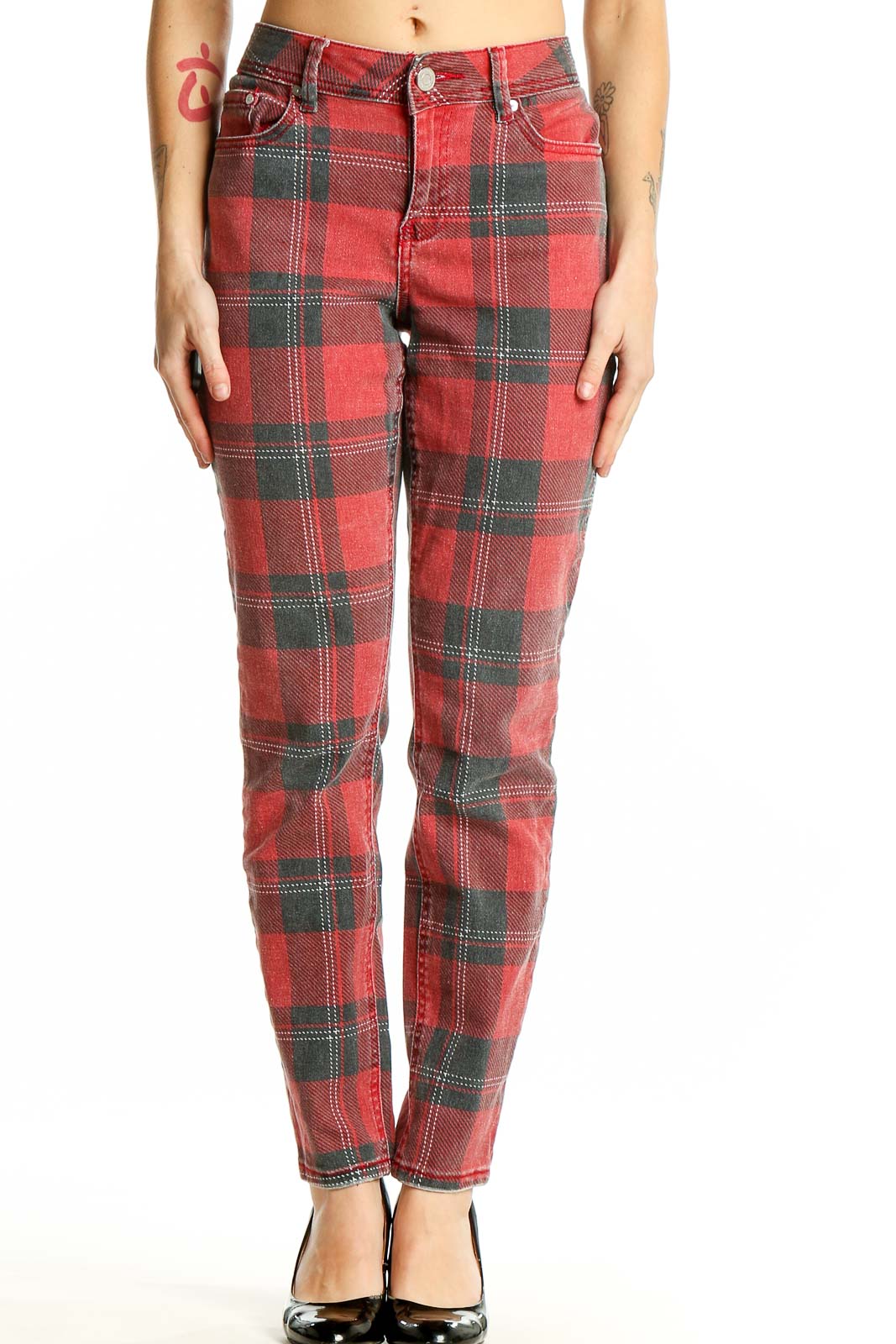 Red Plaid Cotton Blend Jeans Front