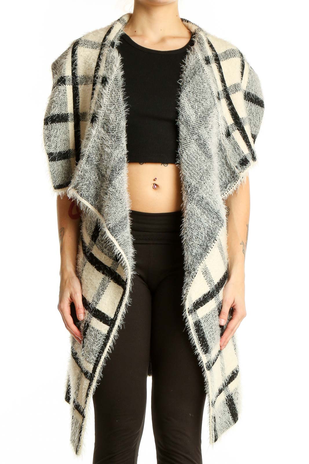 Gray Plaid Fuzzy Open Front Vest Front