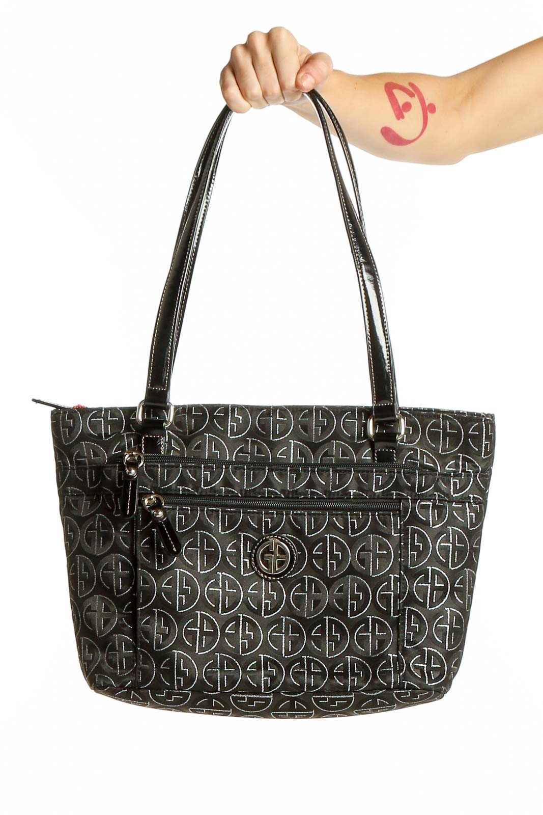 Black Monogram Shoulder Tote Bag Front
