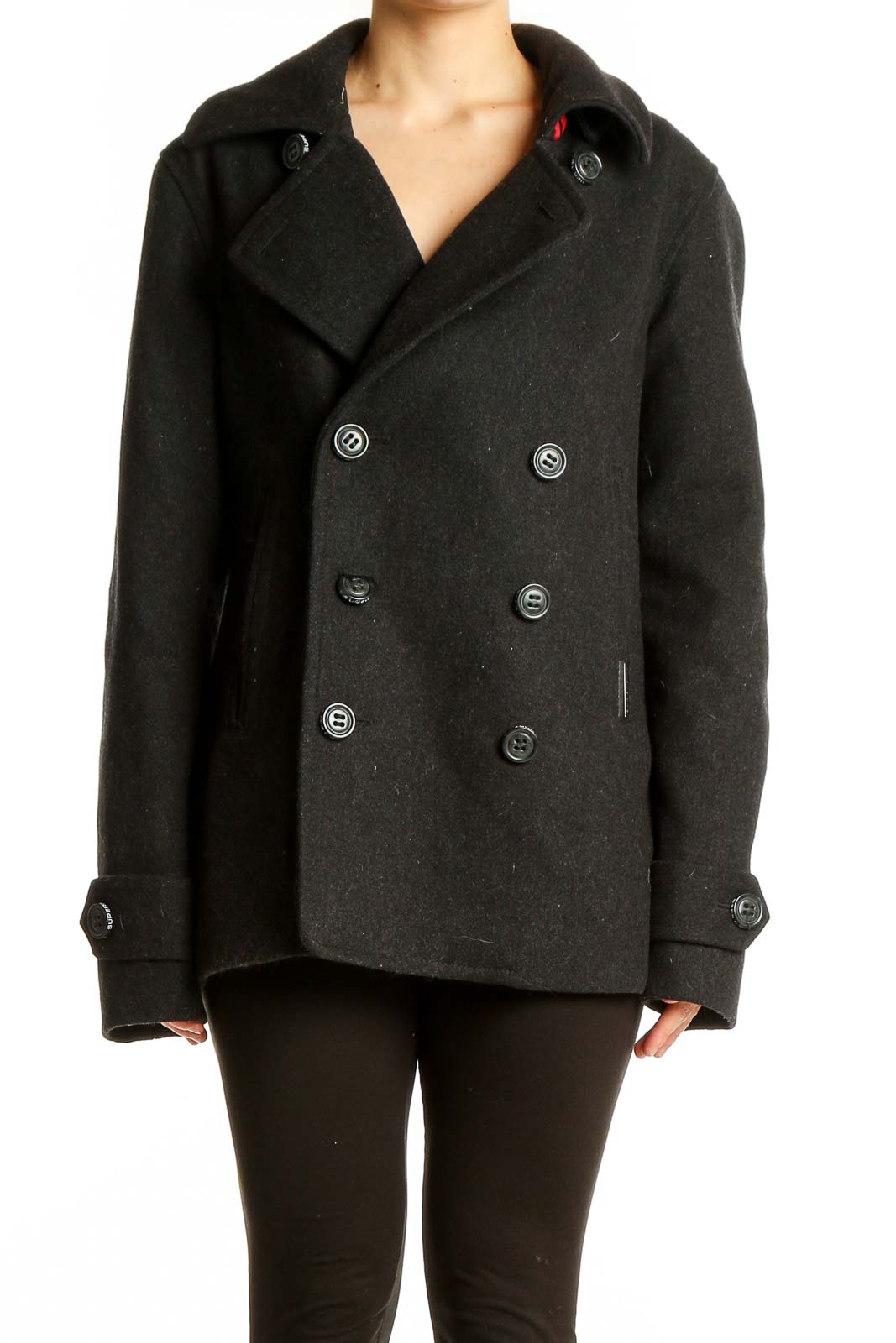 Black Wool-Blend Double-Breasted Peacoat Front