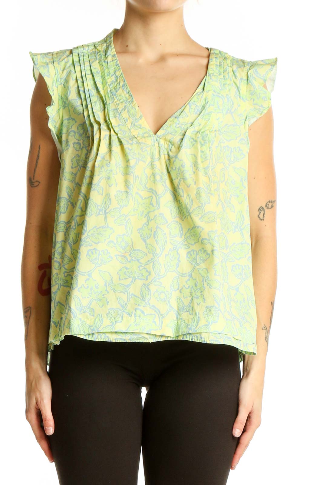 Green Floral Cotton V-Neck Blouse Front