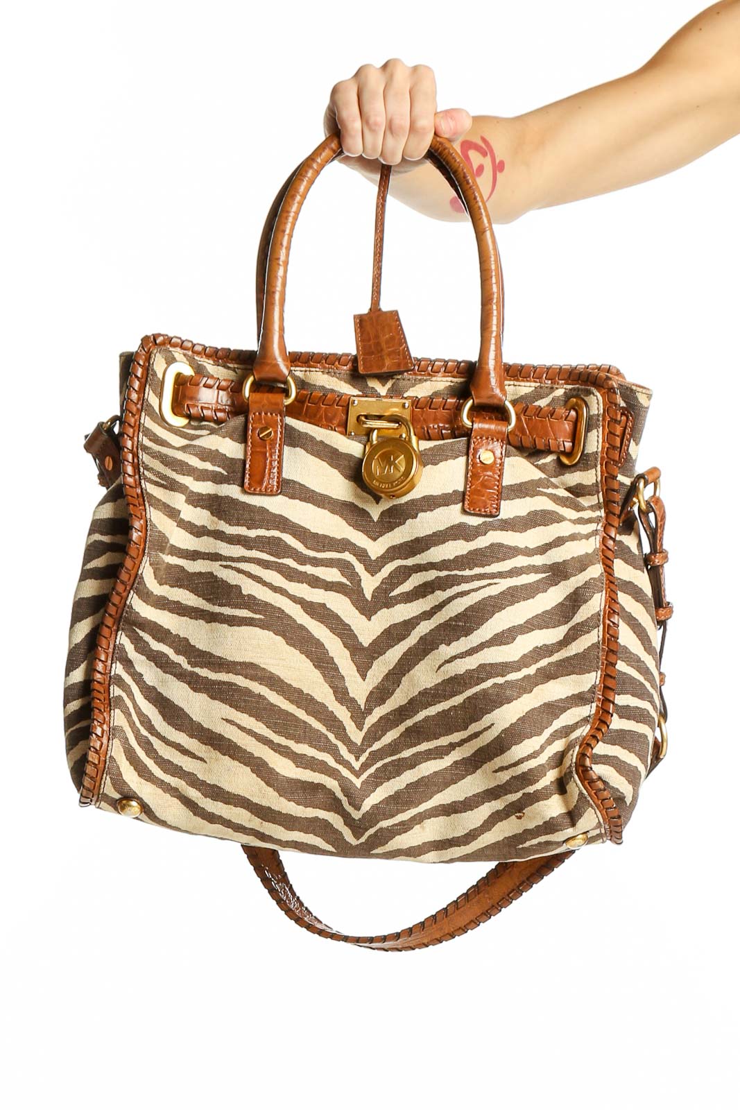 Brown Zebra Print Leather Tote Bag Front