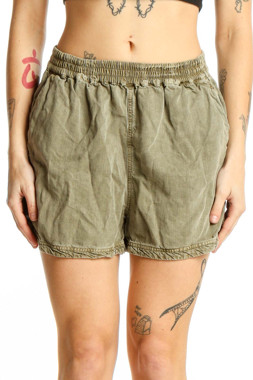 Olive Tencel Lyocell Casual Shorts Front