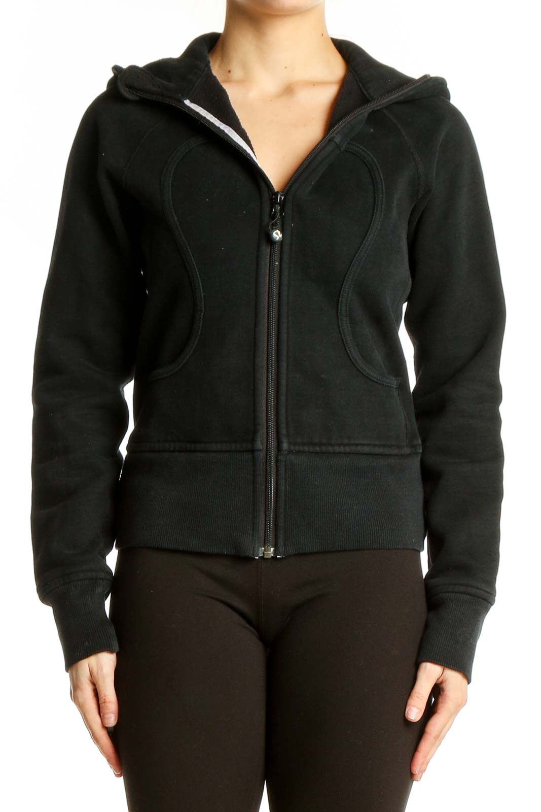 Black Hooded Zip-Up Athletic Jacket Front