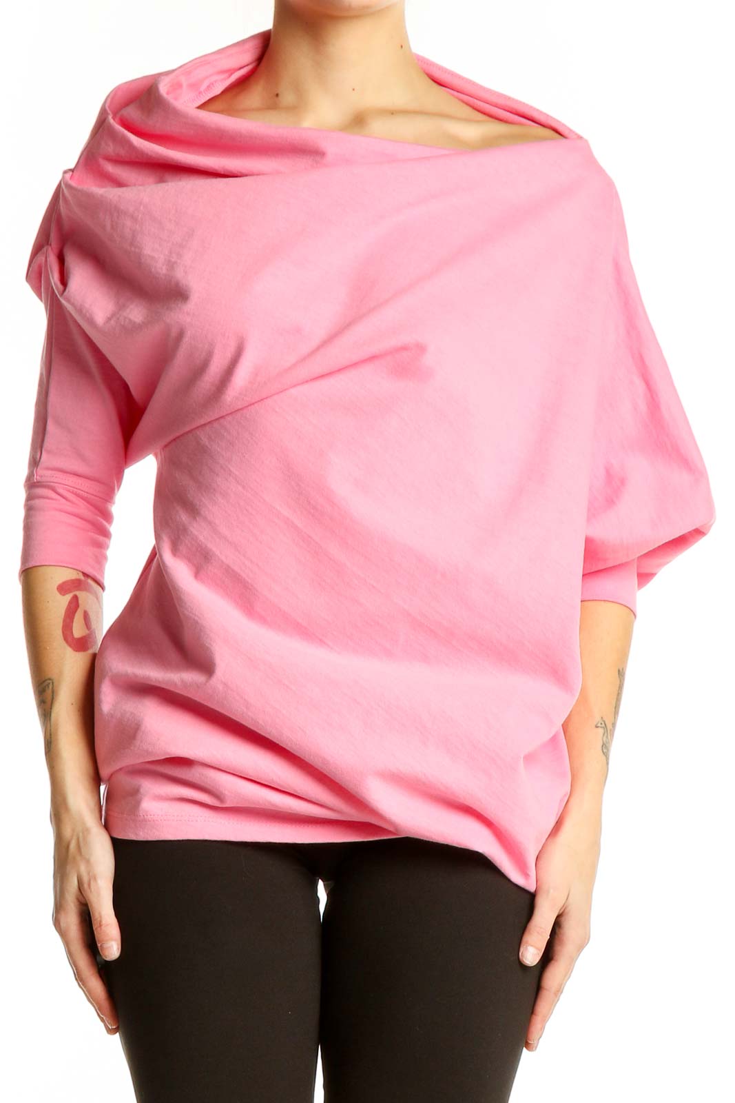 Pink Oversized Cowl Neck Cotton Top Front