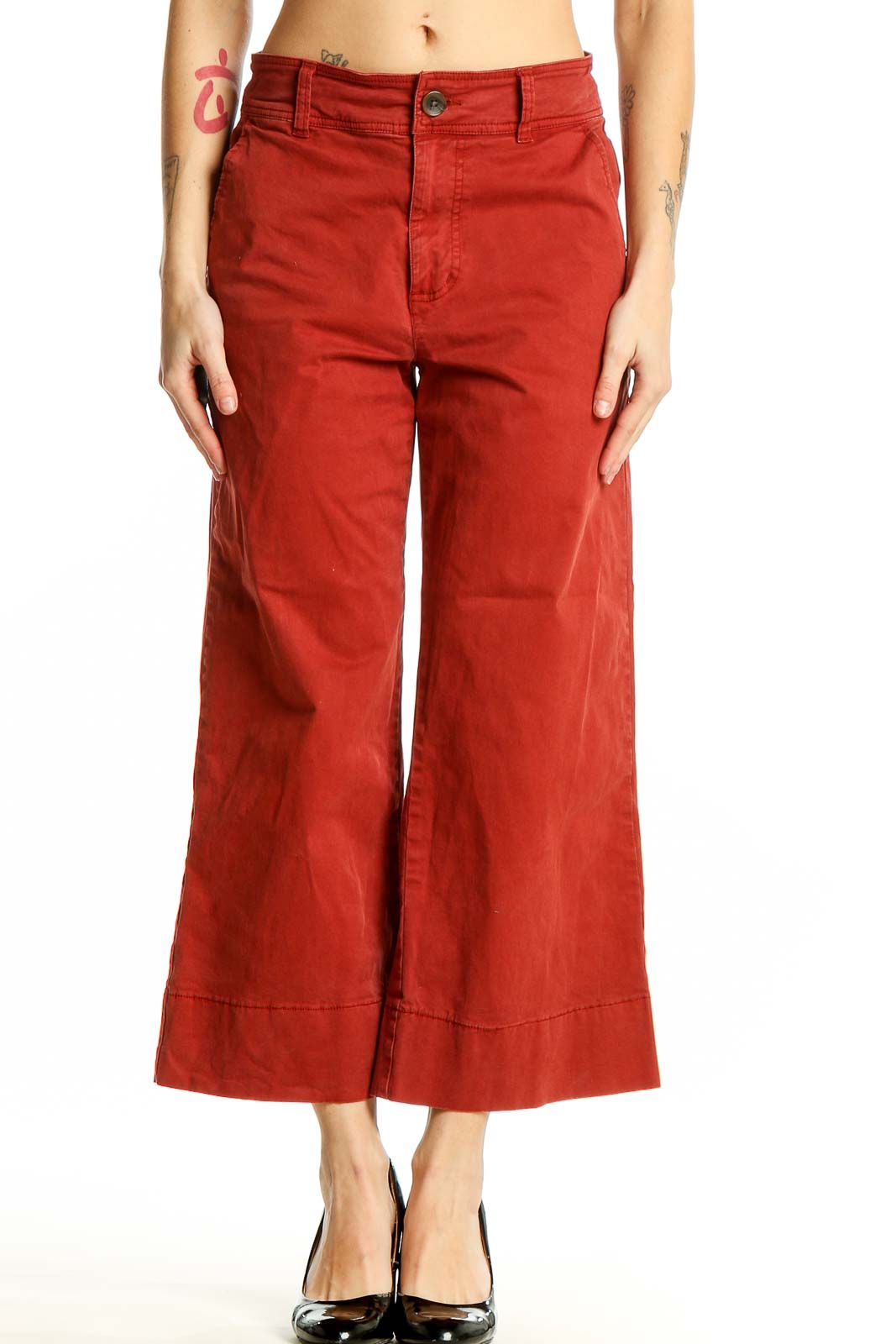 Red Wide-Leg Cotton Blend Pants Front