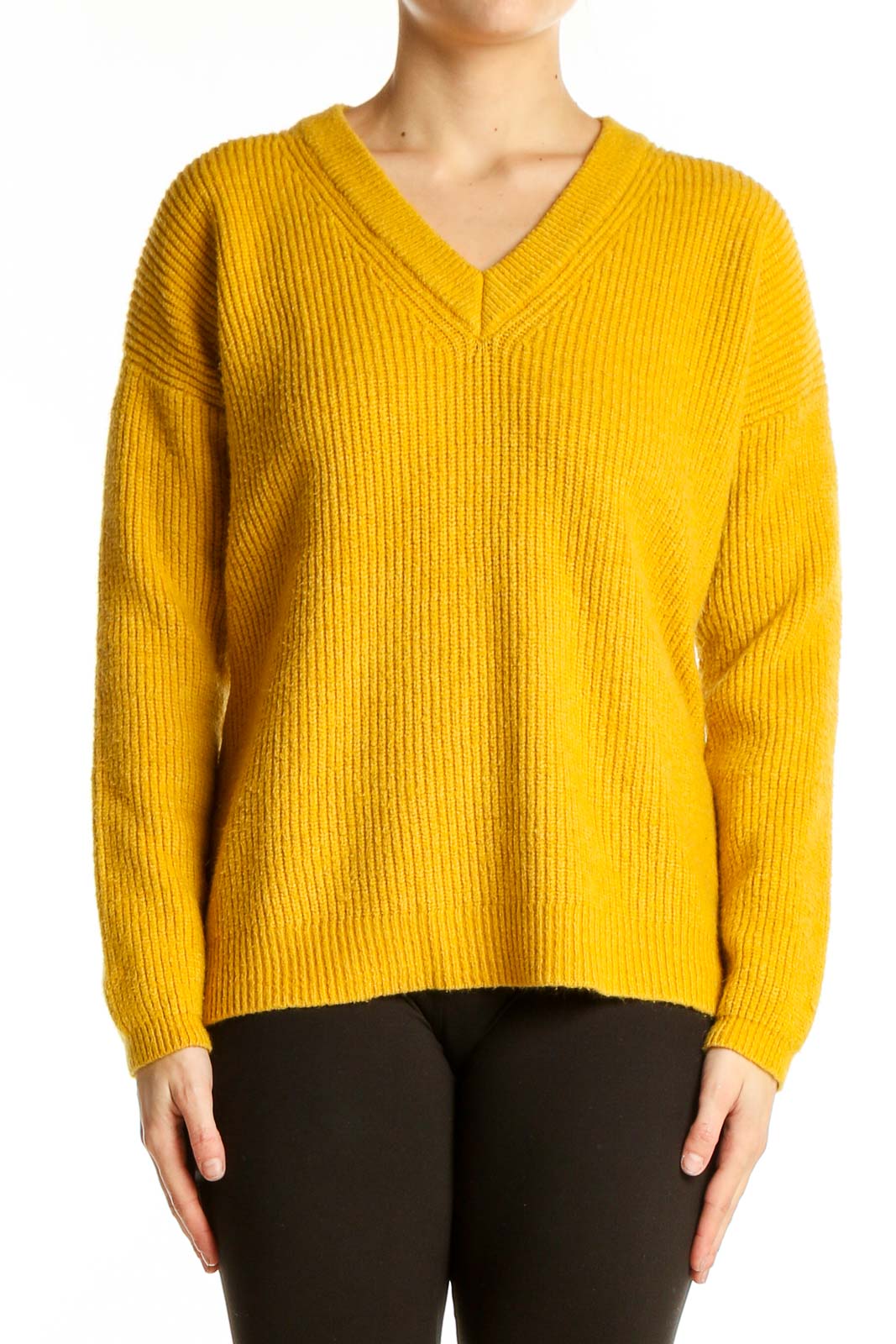 Yellow V-Neck Ribbed Knit Sweater Front