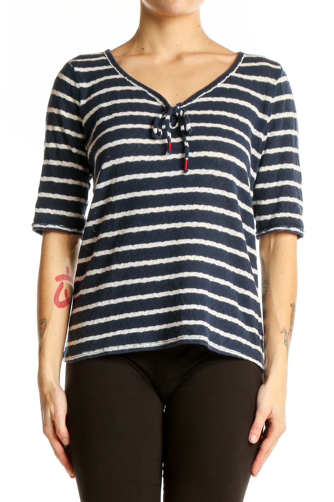 Navy Striped V-Neck Casual Top Front