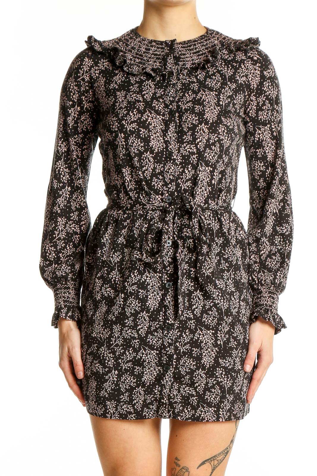 Black Floral Ruffle-Collar Mini Dress Front