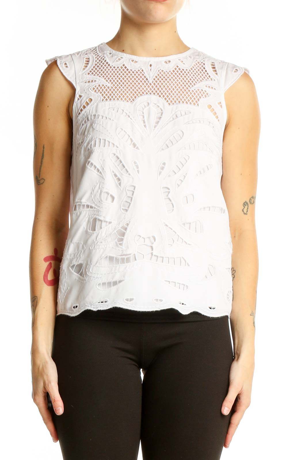 White Lace Sleeveless Blouse Front