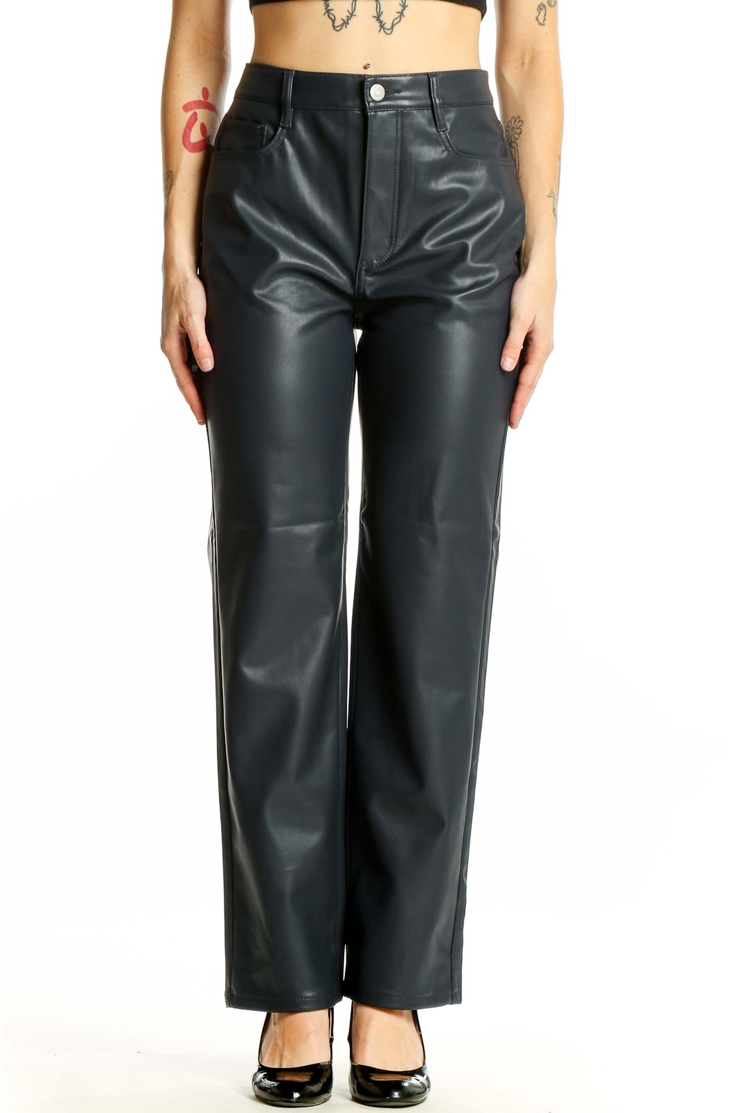 Black Faux Leather Wide-Leg Pants Front