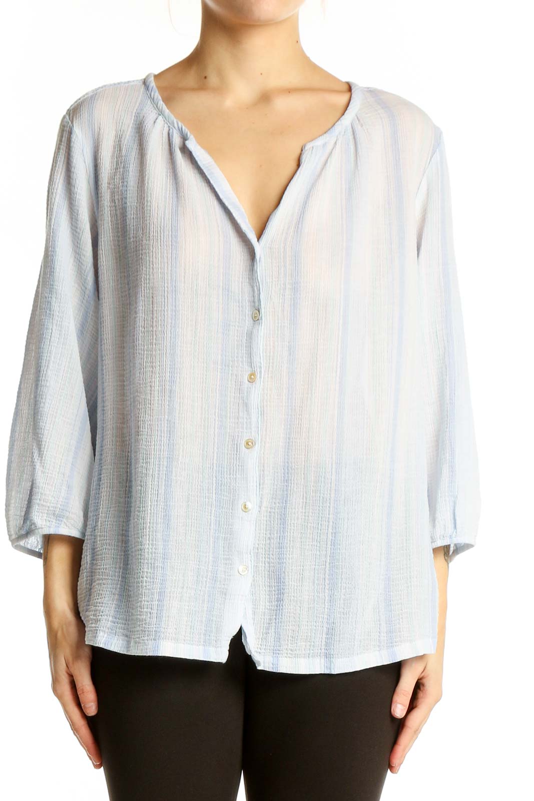 Light Blue Striped Cotton Button-Up Blouse Front