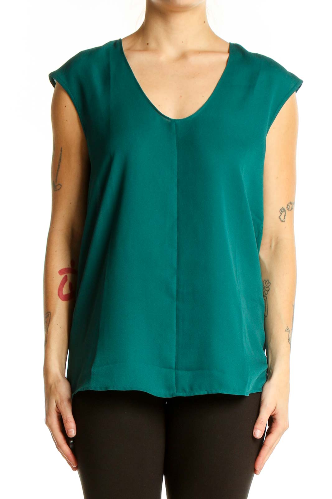 Emerald Green V-Neck Sleeveless Blouse Front