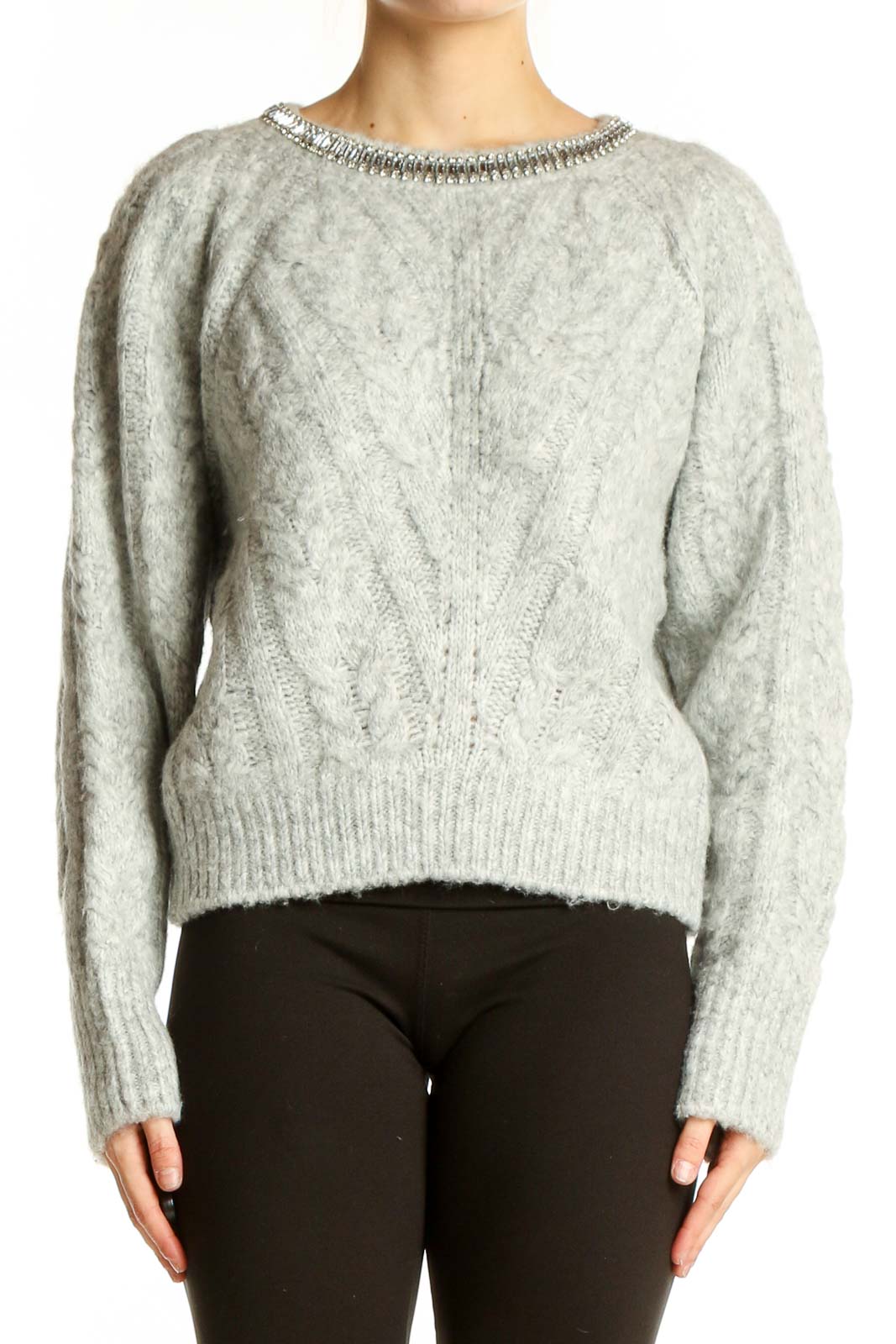 Gray Cable Knit Embellished Sweater Front