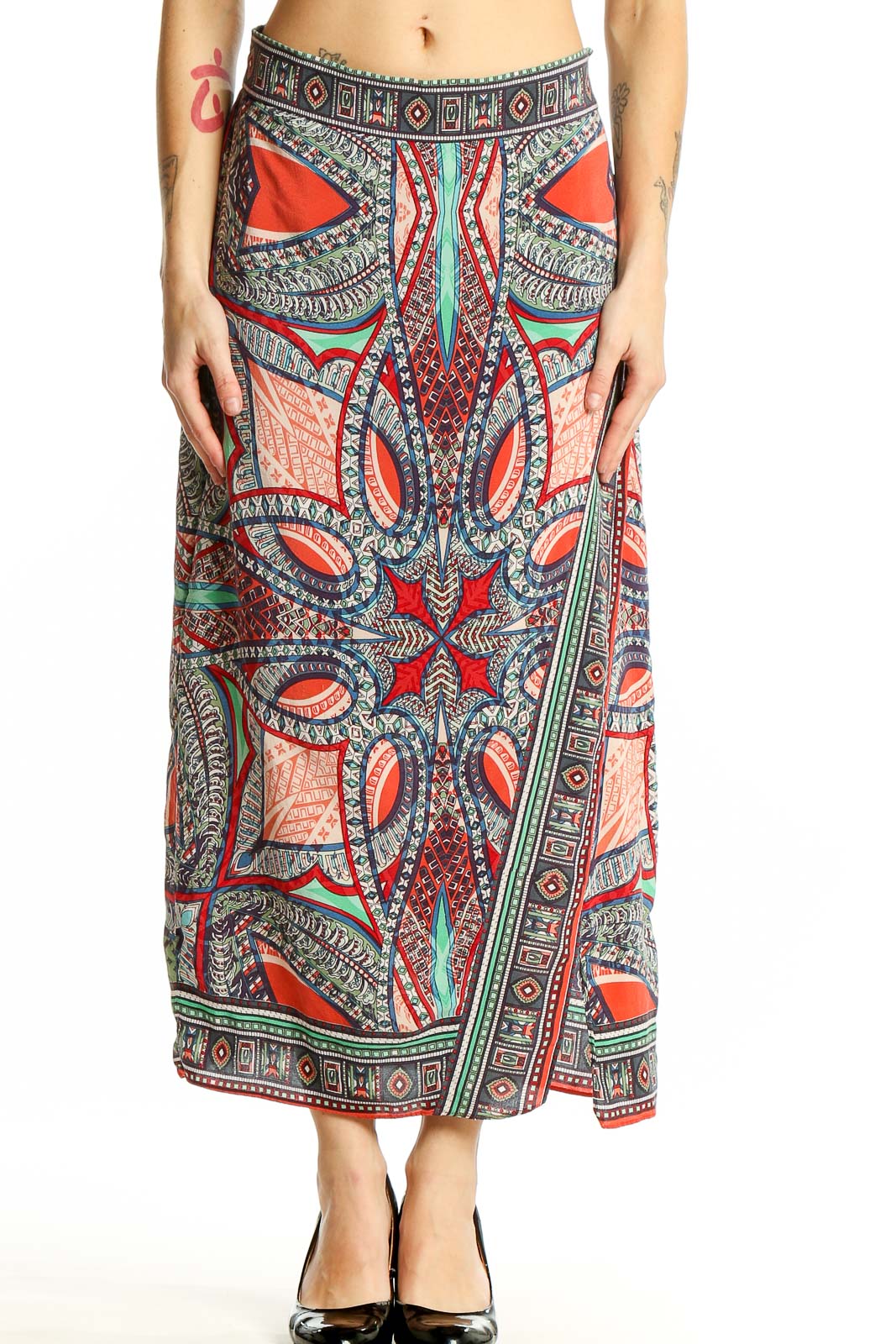 Multicolor Paisley Print Silk Maxi Skirt Front