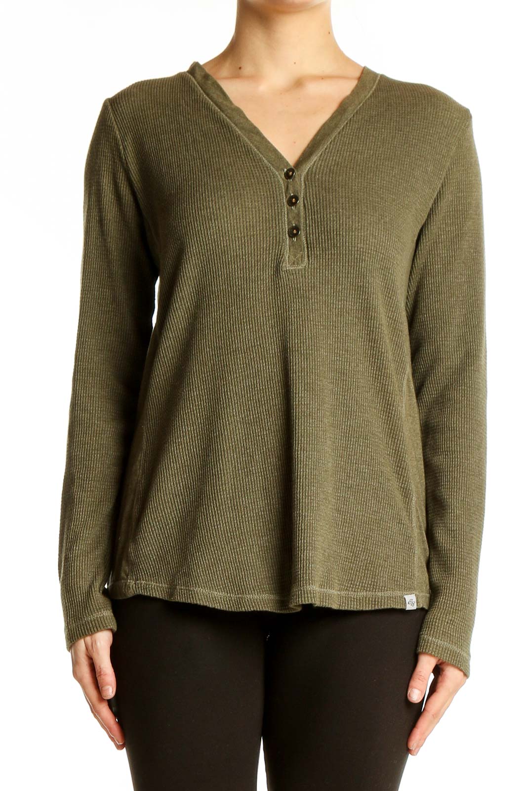 Olive Ribbed Henley Long Sleeve Top Front