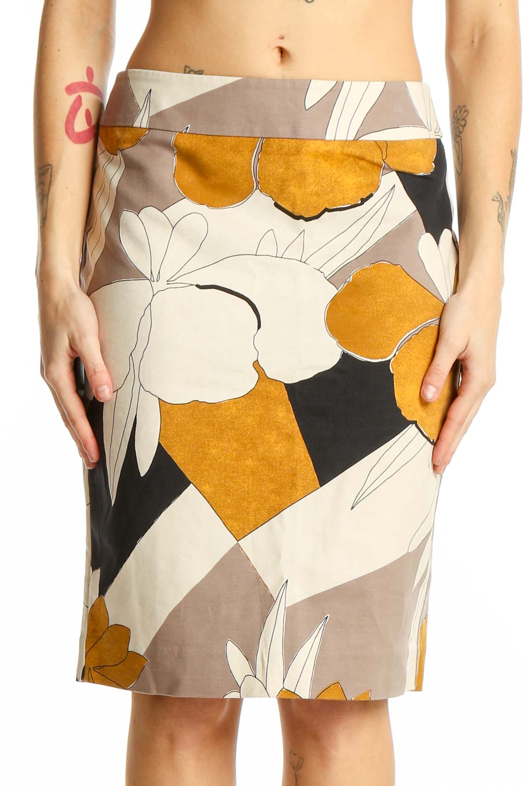 Mustard Floral Print Pencil Skirt Front