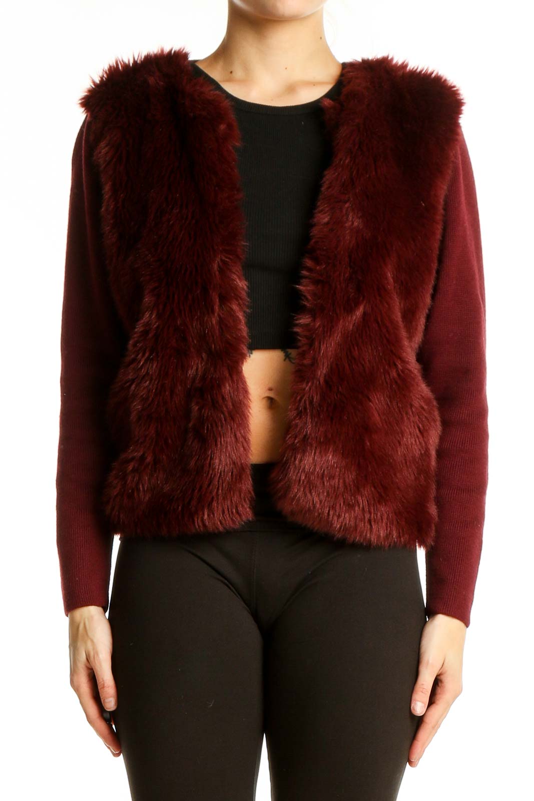 Burgundy Faux Fur Knit Sleeve Jacket Front