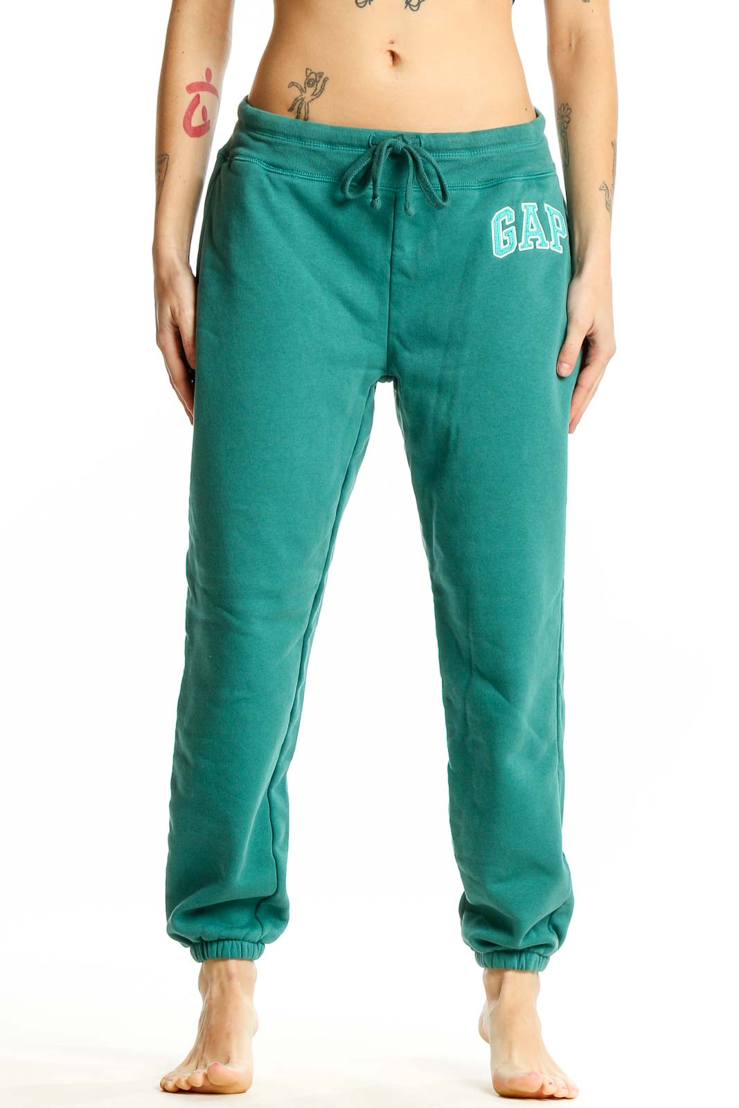 Teal Cotton-Blend Drawstring Sweatpants Front