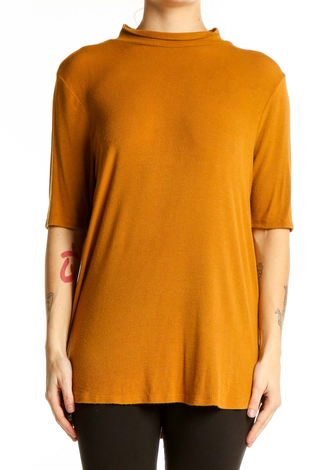 Mustard Mock Neck Elbow-Sleeve Top Front
