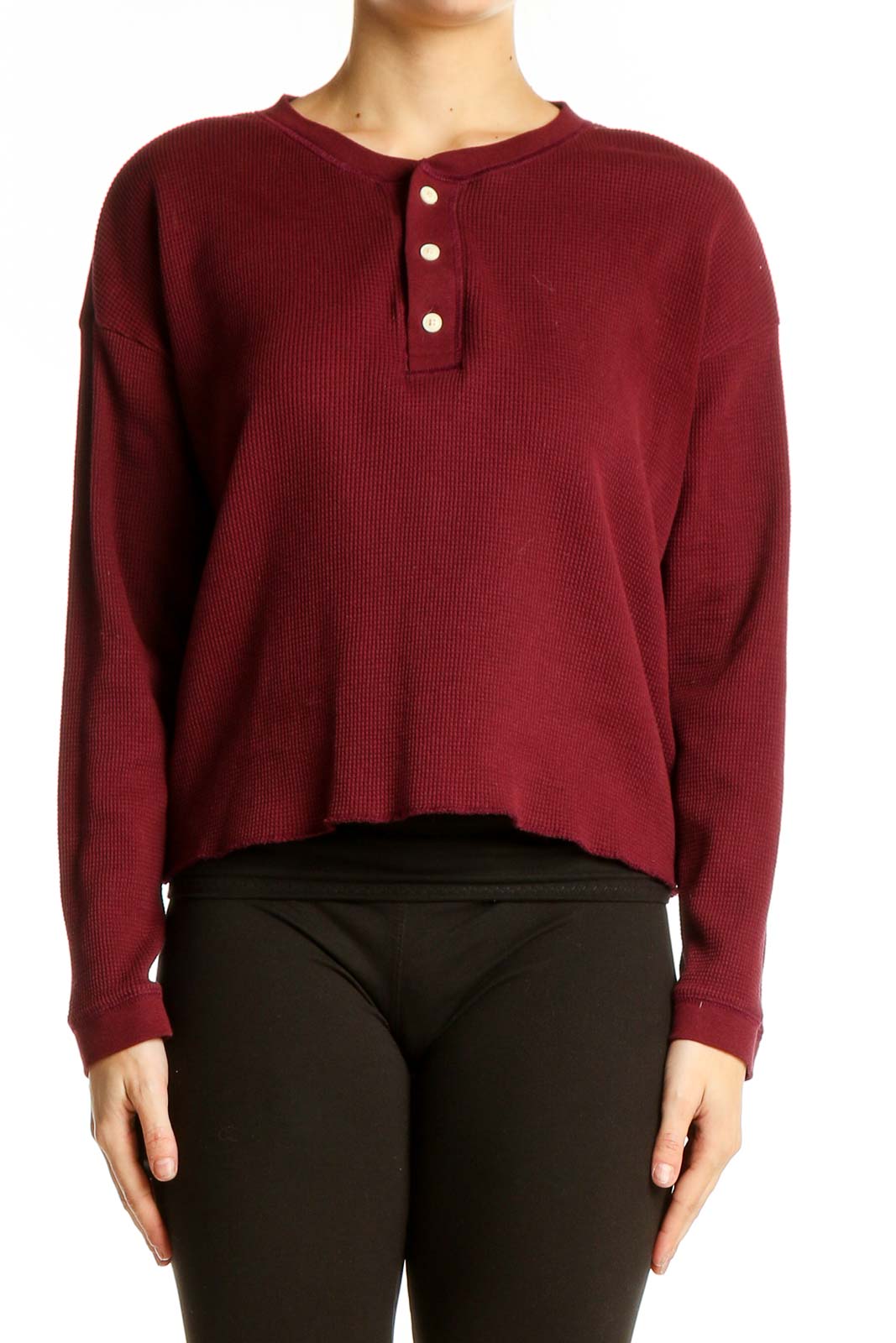 Burgundy Cotton Henley Knit Top Front