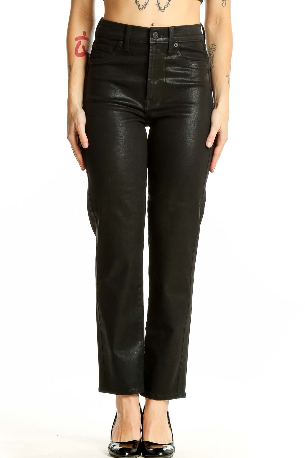 Black Coated High-Rise Straight Leg Jeans Front