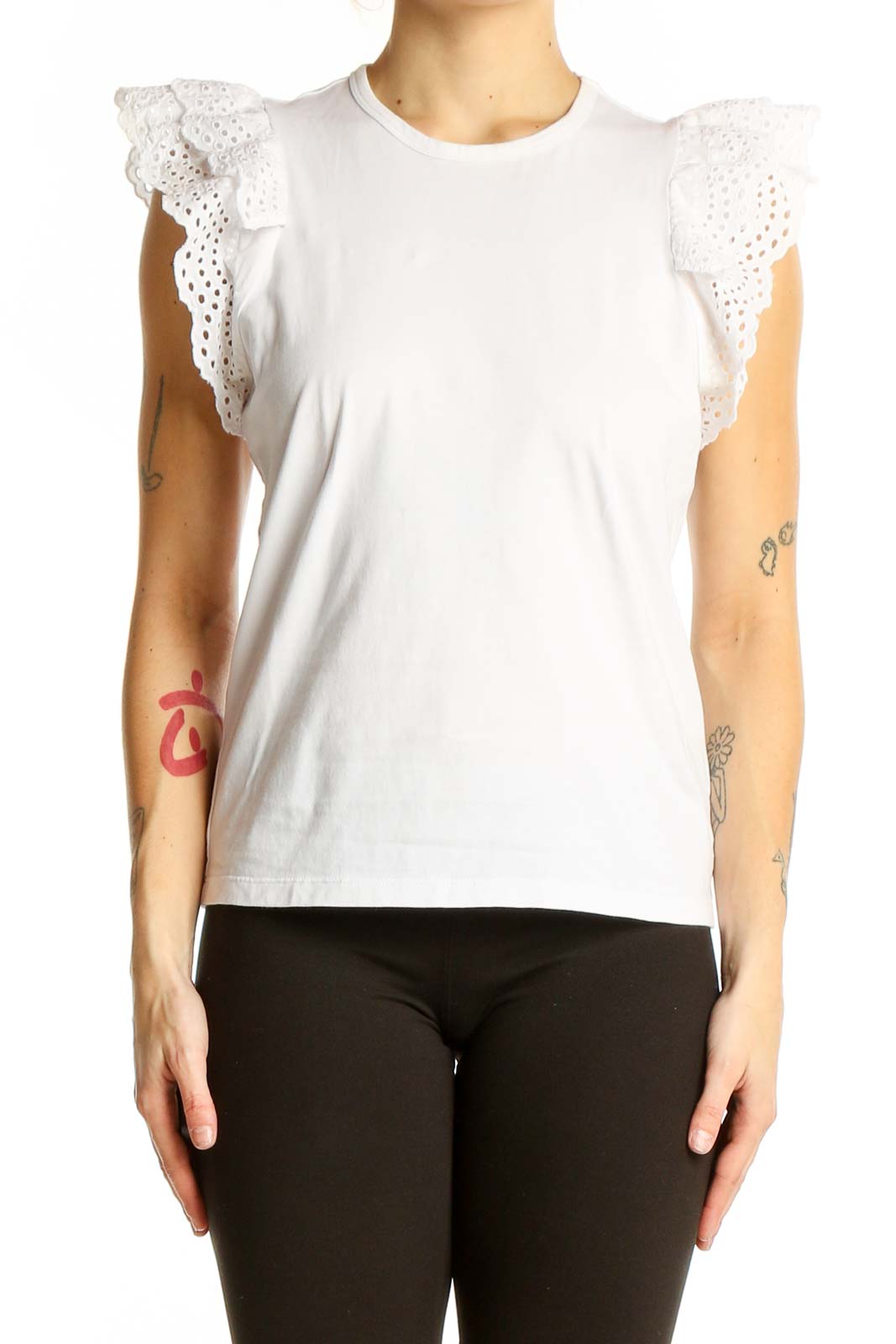 White Cotton Eyelet Ruffle Sleeve Top Front