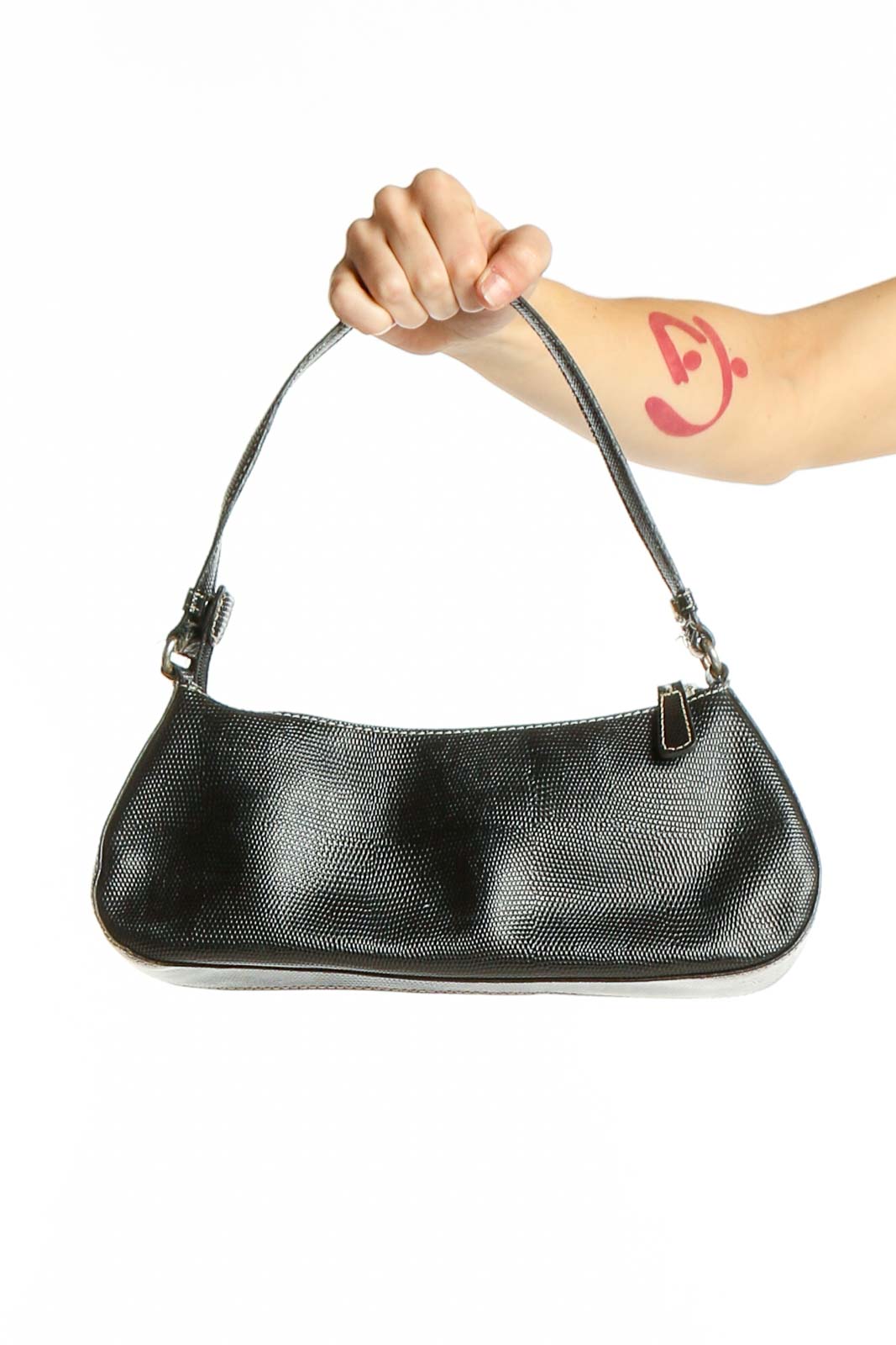 Black Textured Baguette Shoulder Bag Front