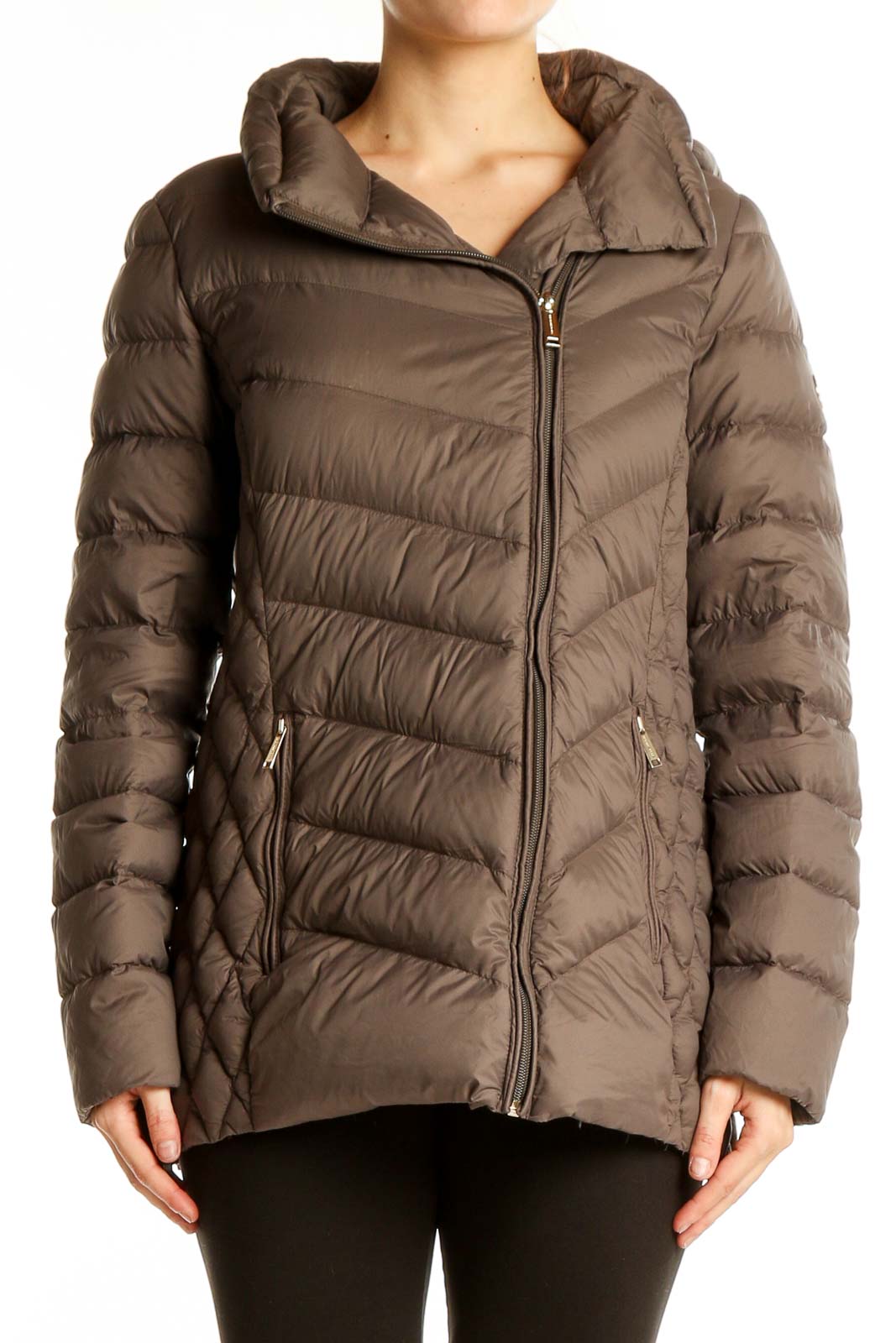 Brown Quilted Nylon Puffer Jacket Front