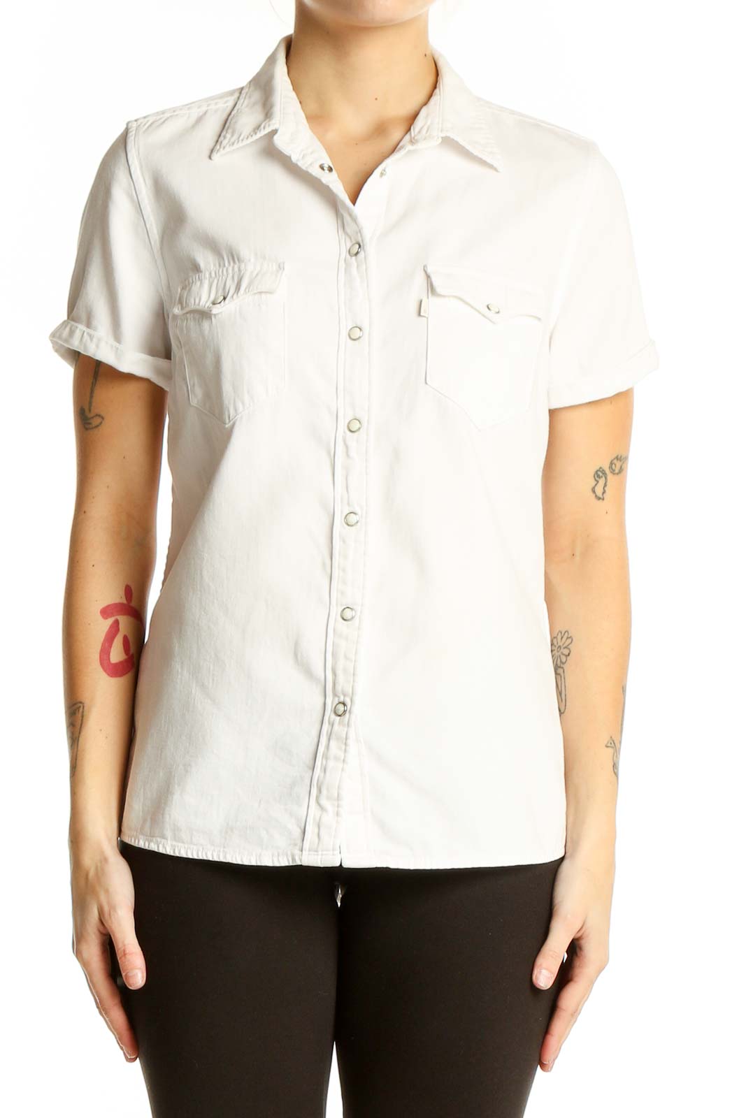 White Cotton Short-Sleeve Button-Up Shirt Front
