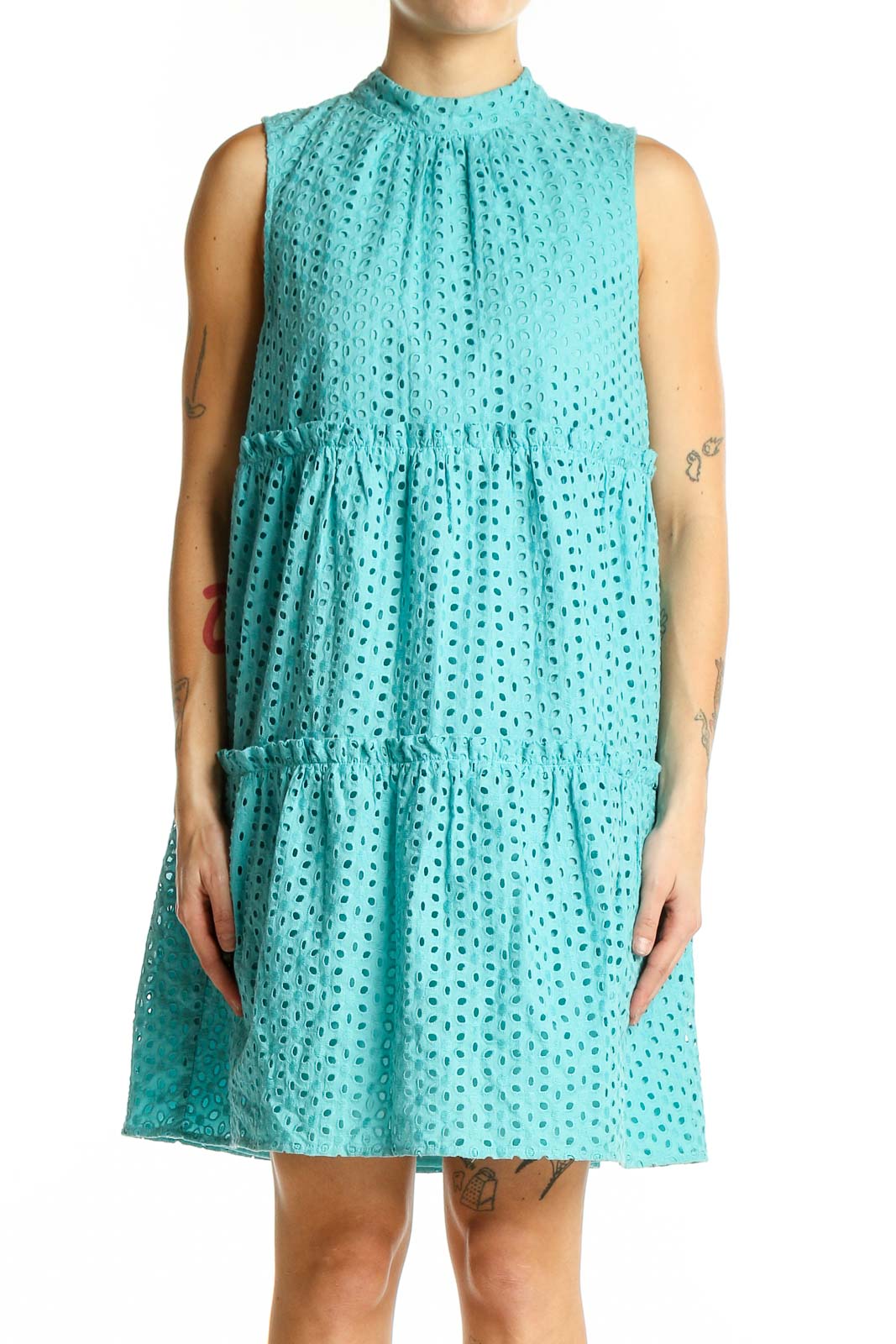 Turquoise Eyelet Tiered Sleeveless Dress Front