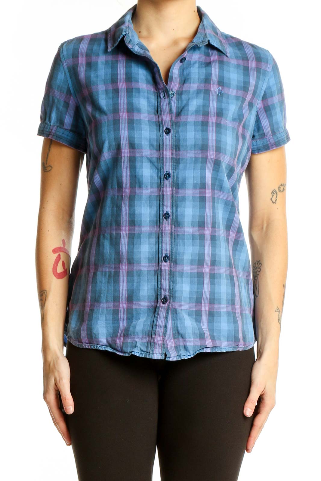 Blue and Purple Plaid Short-Sleeve Button-Up Front