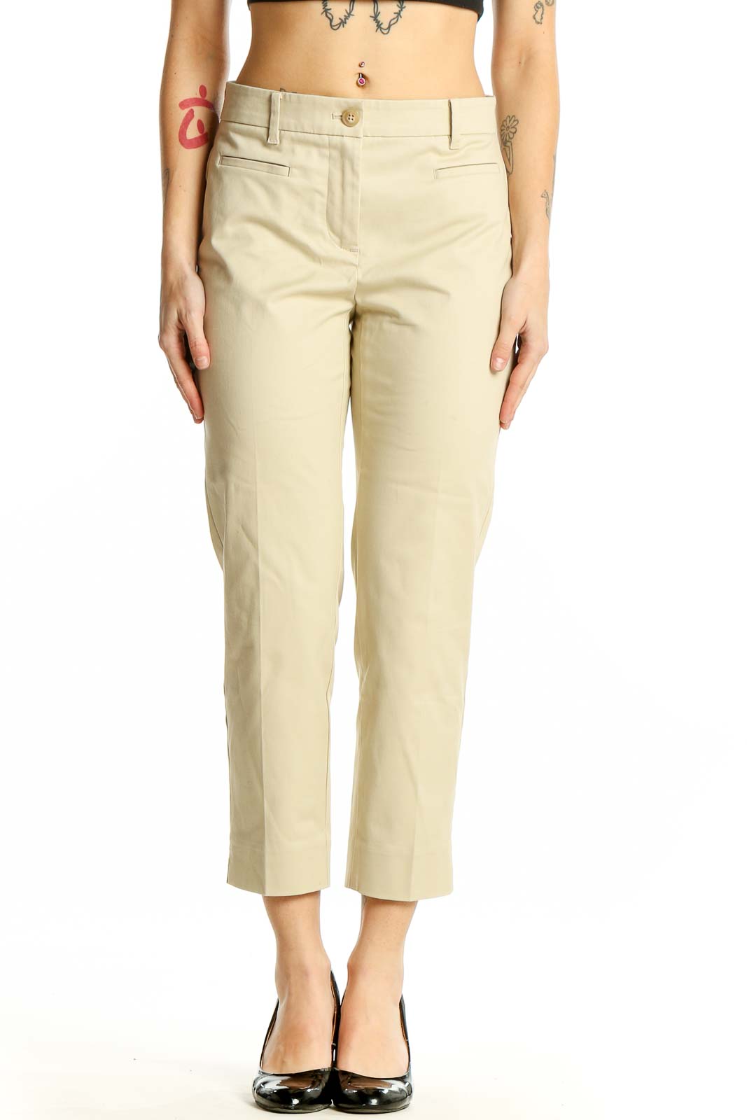 Beige Cotton-Blend Cropped Trousers Front