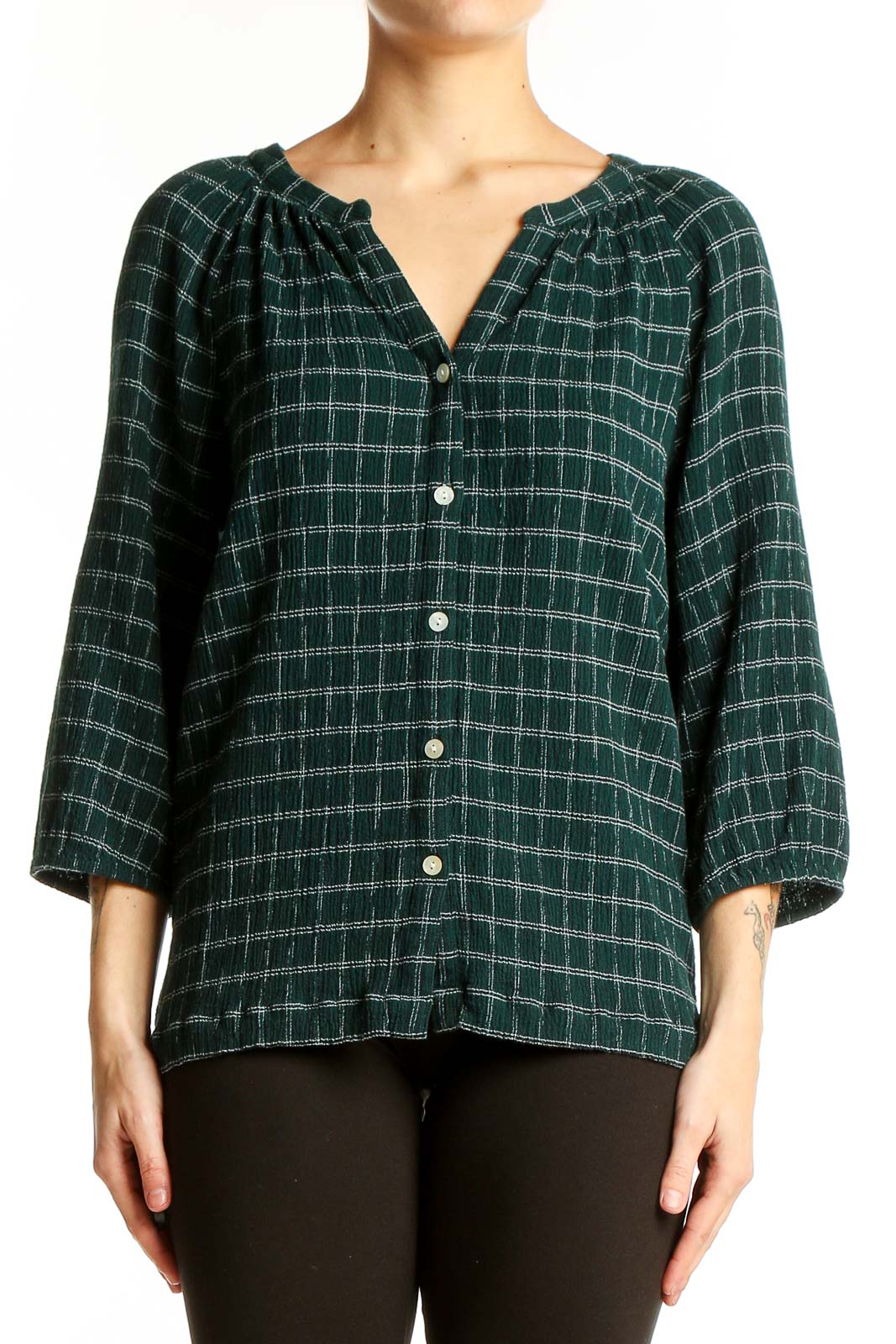 Green Plaid Cotton-Rayon Button-Up Top Front