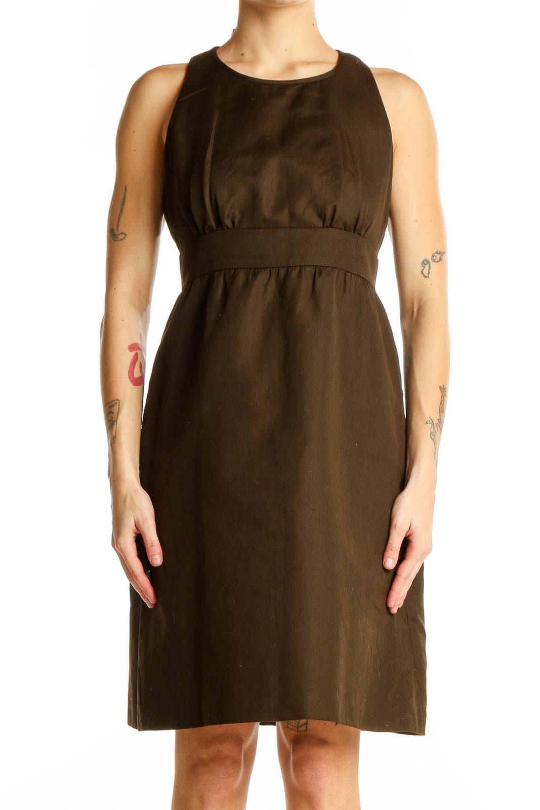 Brown Cotton Sleeveless Empire Waist Dress Front