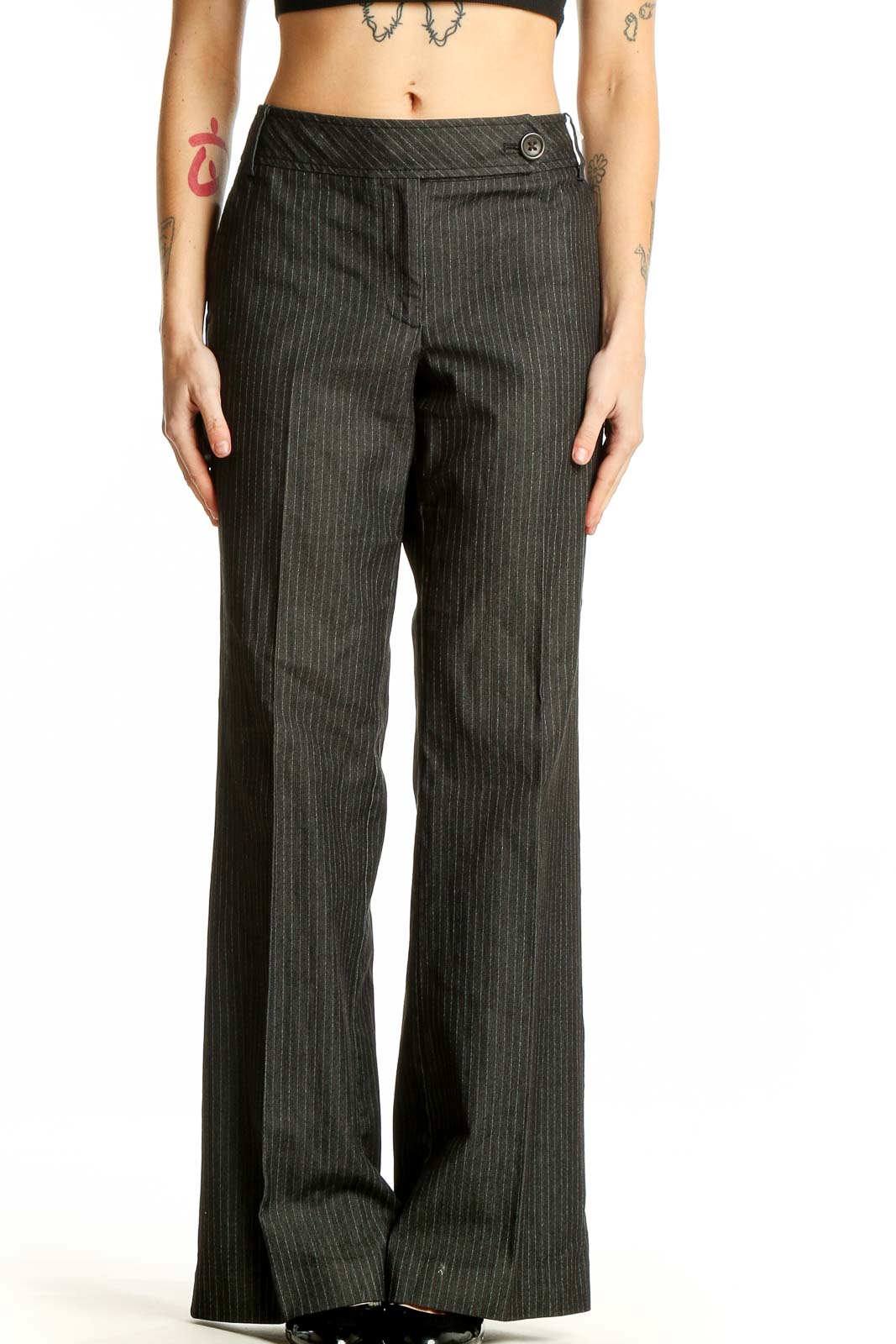 Gray Pinstriped Wide-Leg Trousers Front