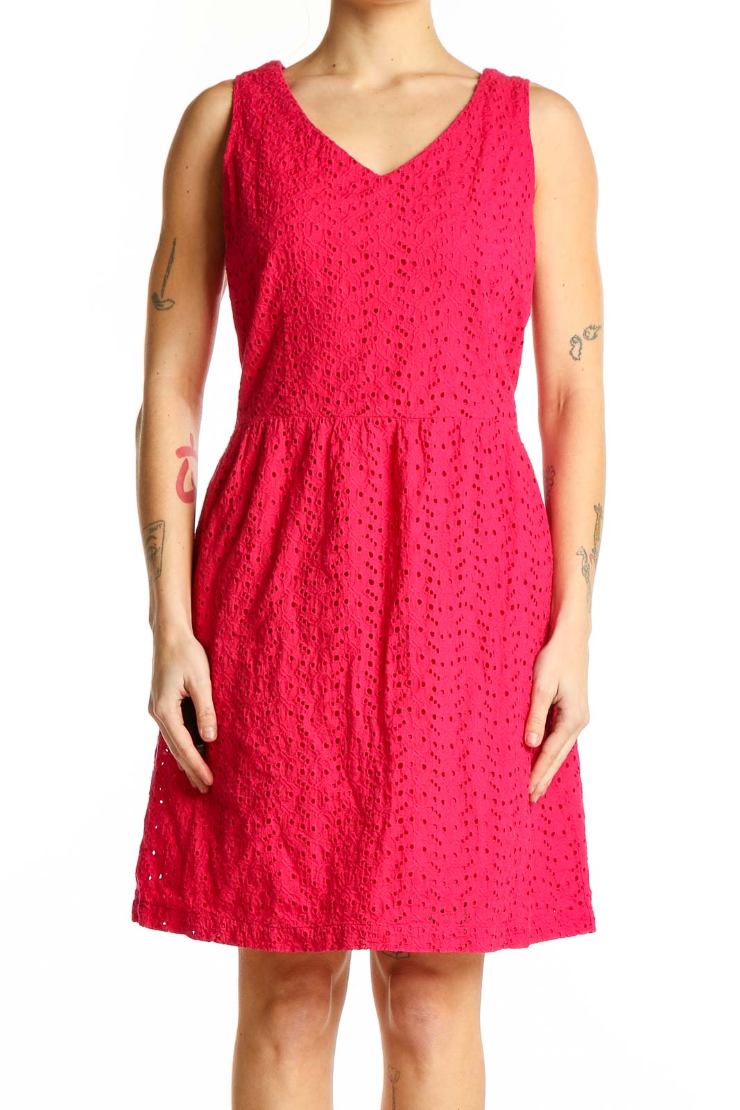 Red Cotton Eyelet Sleeveless Dress Front