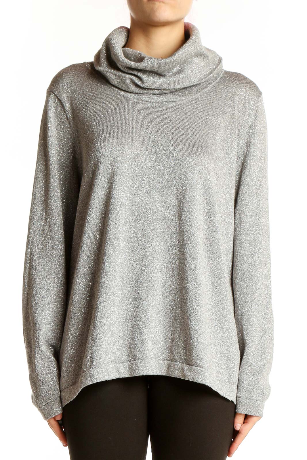 Gray Cowl Neck Knit Sweater Front