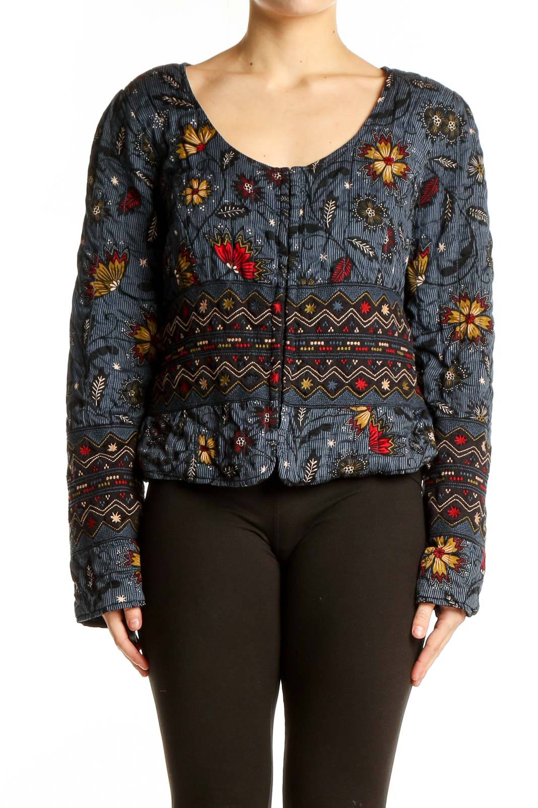 Blue Floral Embroidered Cotton Jacket Front
