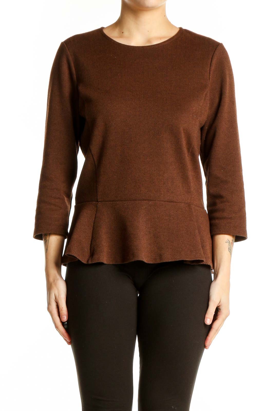 Brown Peplum Long Sleeve Top Front