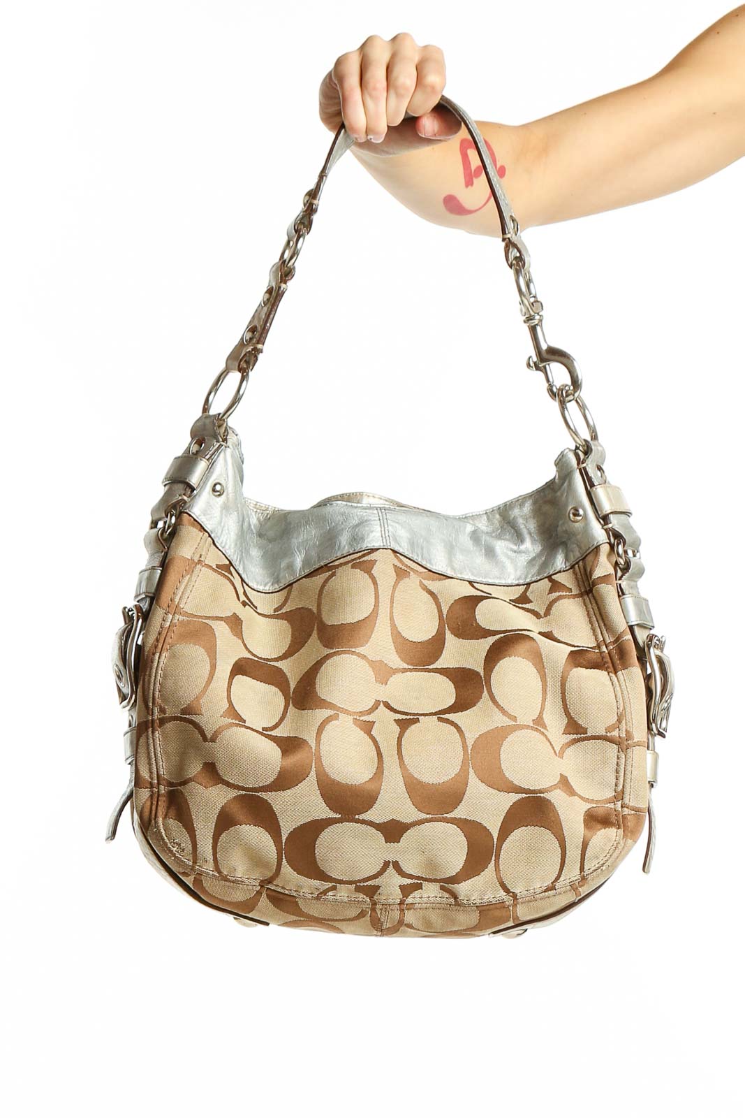 Beige Signature Print Hobo Bag Front