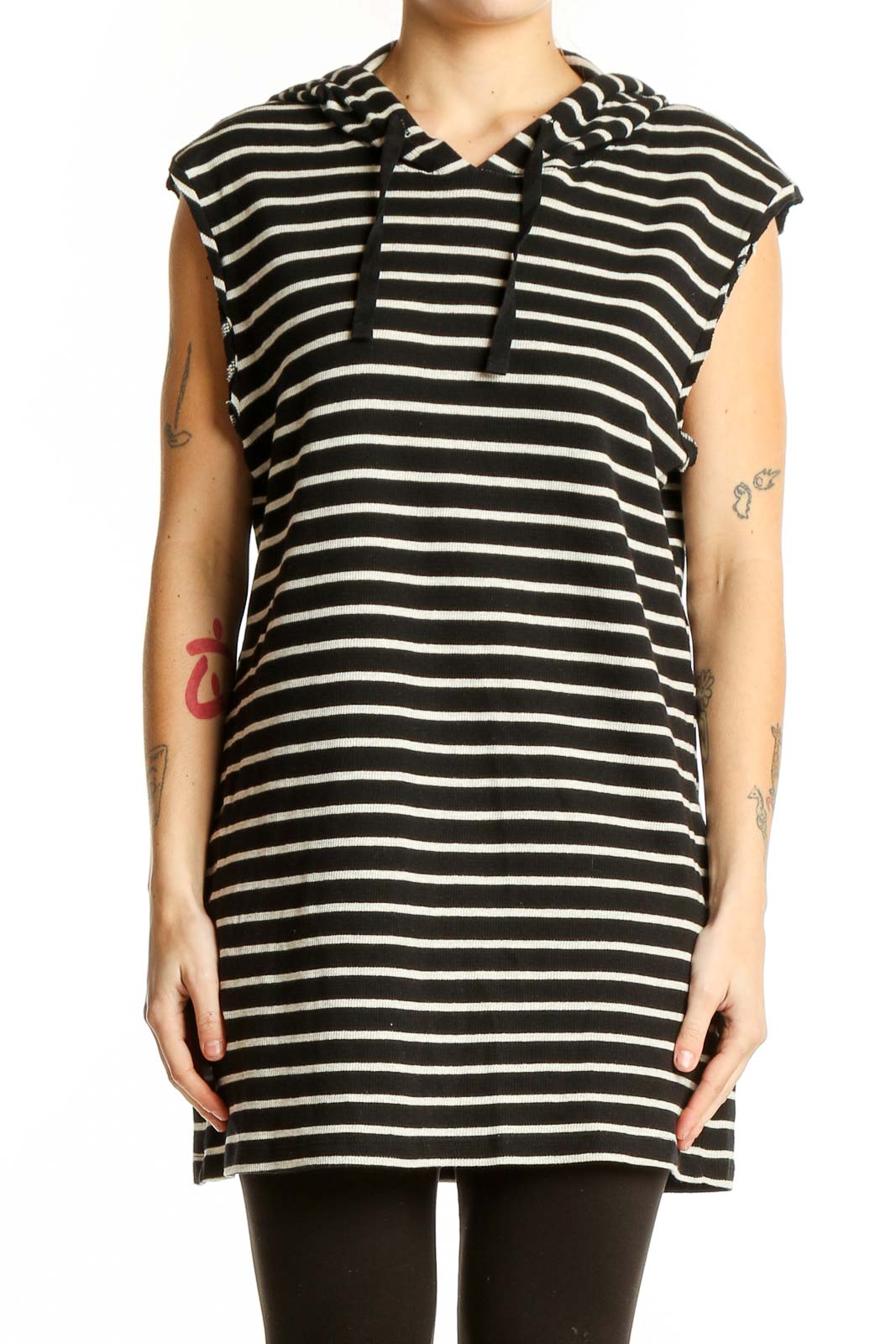 Black and White Striped Hooded Tunic Dress Front