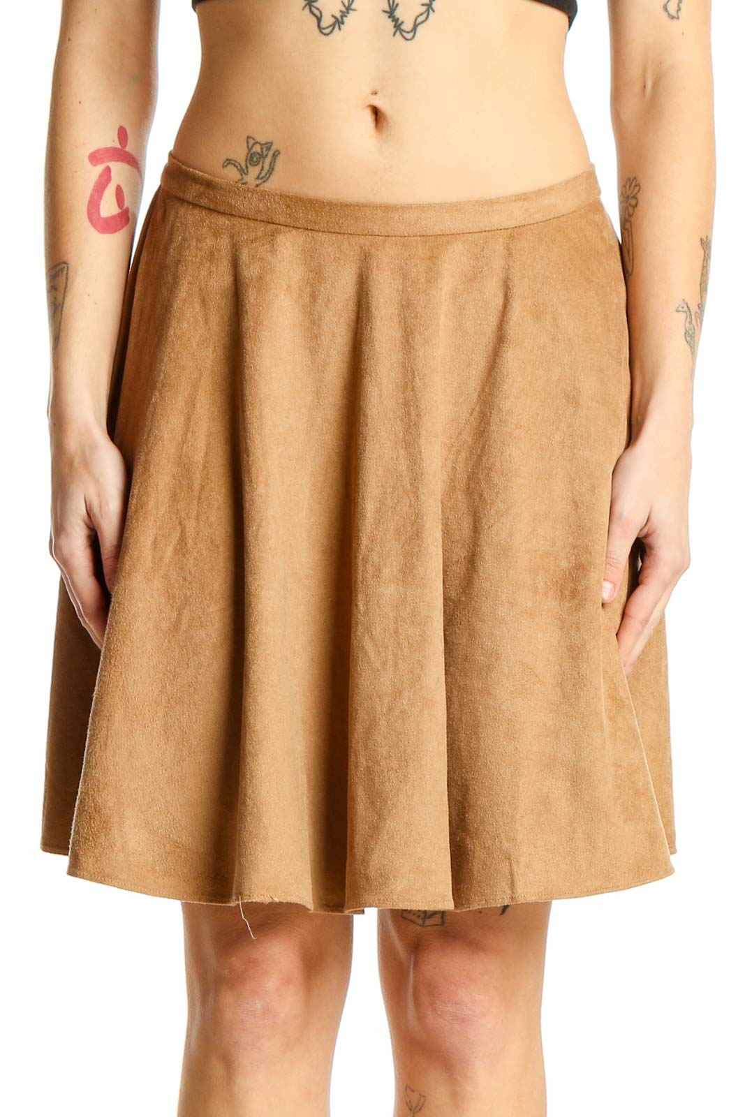 Camel Faux Suede A-Line Skirt Front
