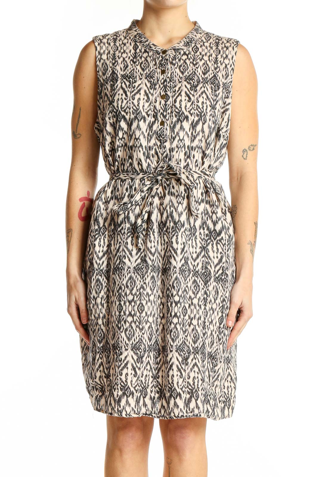 Black and White Ikat Print Linen Dress Front