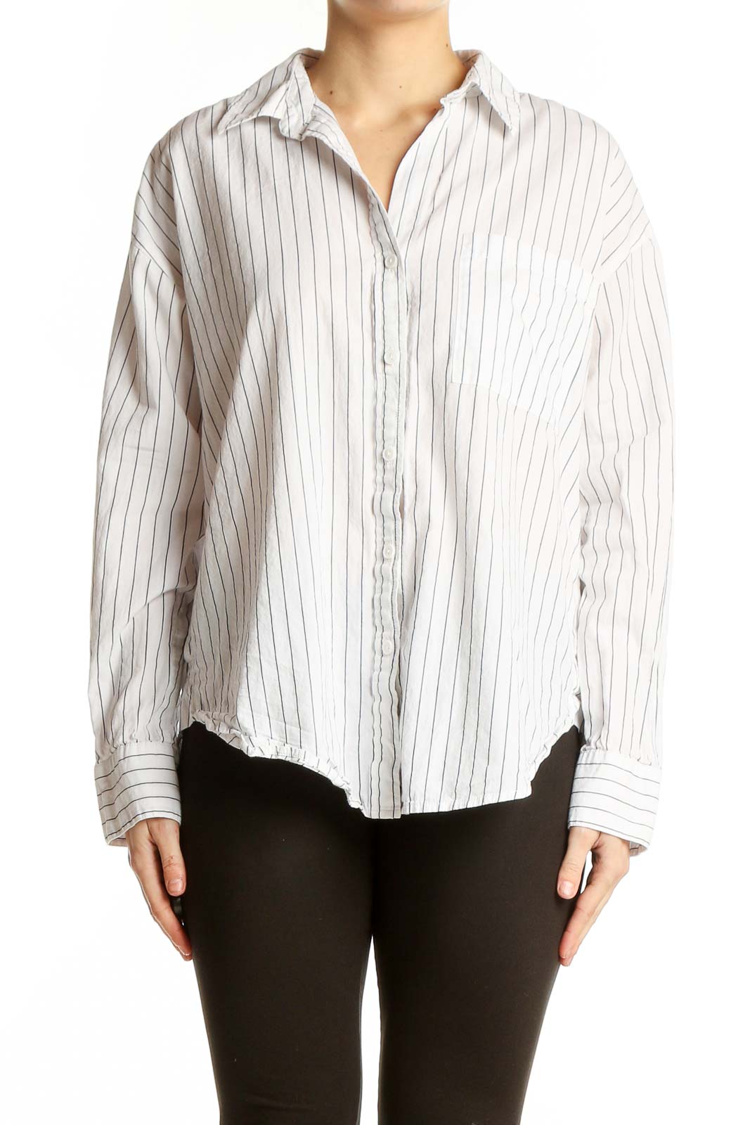 White Striped Cotton Button-Down Shirt Front