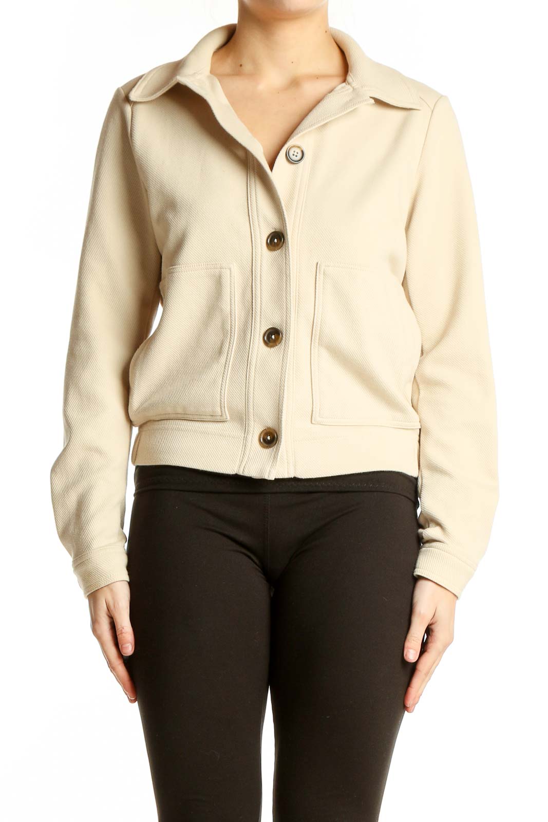 Cream Button-Up Cropped Jacket Front